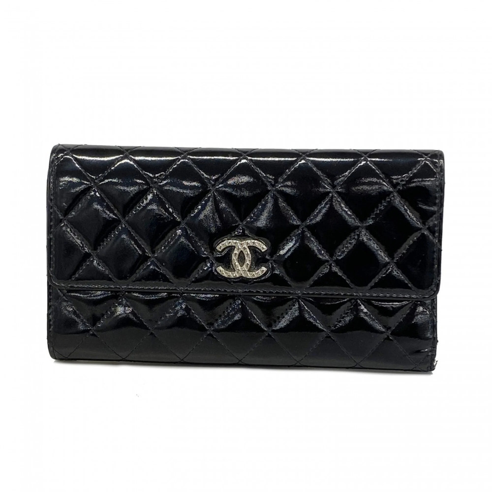 Chanel Tri-fold Long Wallet Brilliant Patent Leather Black Women's